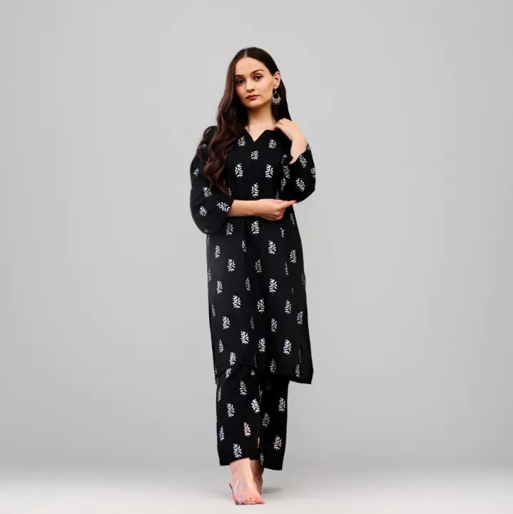 Black Floral Block Print Kurta Palazzo Set