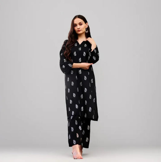 Black Floral Block Print Kurta Palazzo Set
