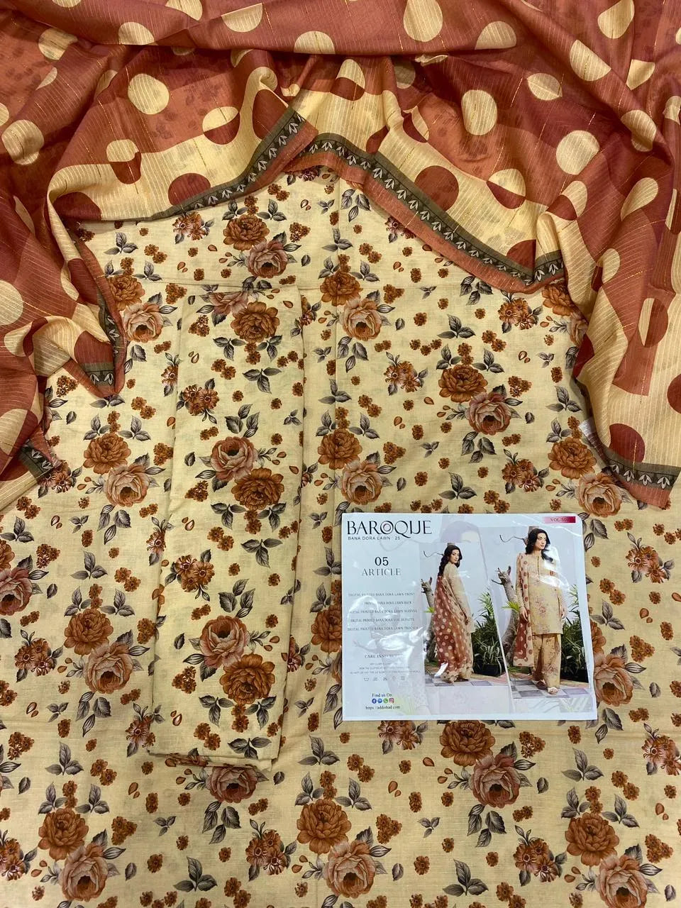 Women's 3-Piece Printed Lawn Suit – Floral Kameez, Printed Trouser & Polka Dot Dupatta