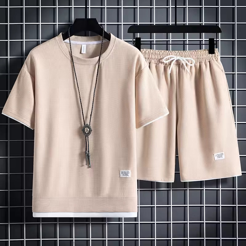 Men's Waffle Knit Two-Piece Set – Mock Layered Short Sleeve T-Shirt & Drawstring Shorts