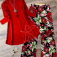 Elegant Red Top and Floral Statement Pants Set
