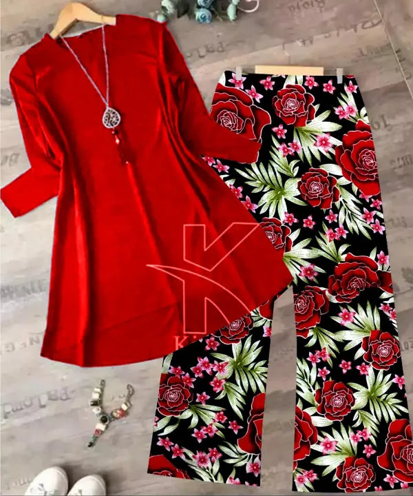 Elegant Red Top and Floral Statement Pants Set