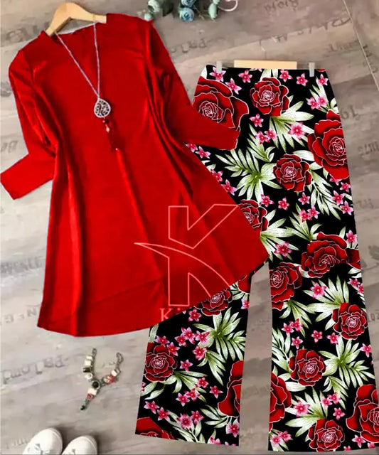 Elegant Red Top and Floral Statement Pants Set