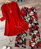 Elegant Red Top and Floral Statement Pants Set